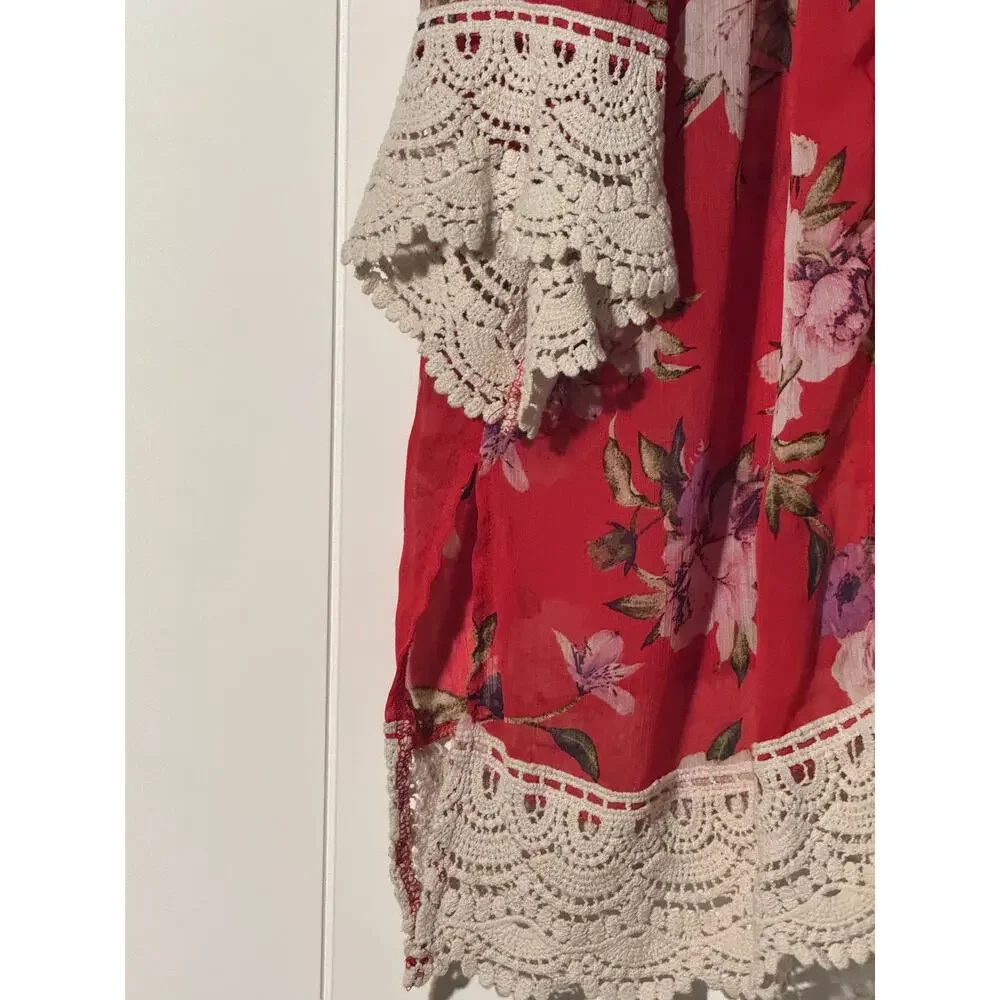 Rewind Red Floral Lace Trim Kimono Cover Up Open Front Sheer Boho Size Large